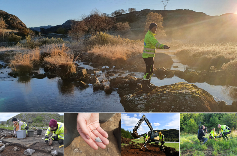 Anlegget for ålefangst på Kyllingstad. Foto: Line Murphy, Nye Veier Klokkebegerspisser Bue Ålgård. Foto: Anja Mansrud, Arkeologisk museum, UiS Registreringer ved Søyland sommeren 2019; Foto:  Nye Veier Prøveprosjektet arkeologi på nye veier. Foto: Nye Veier